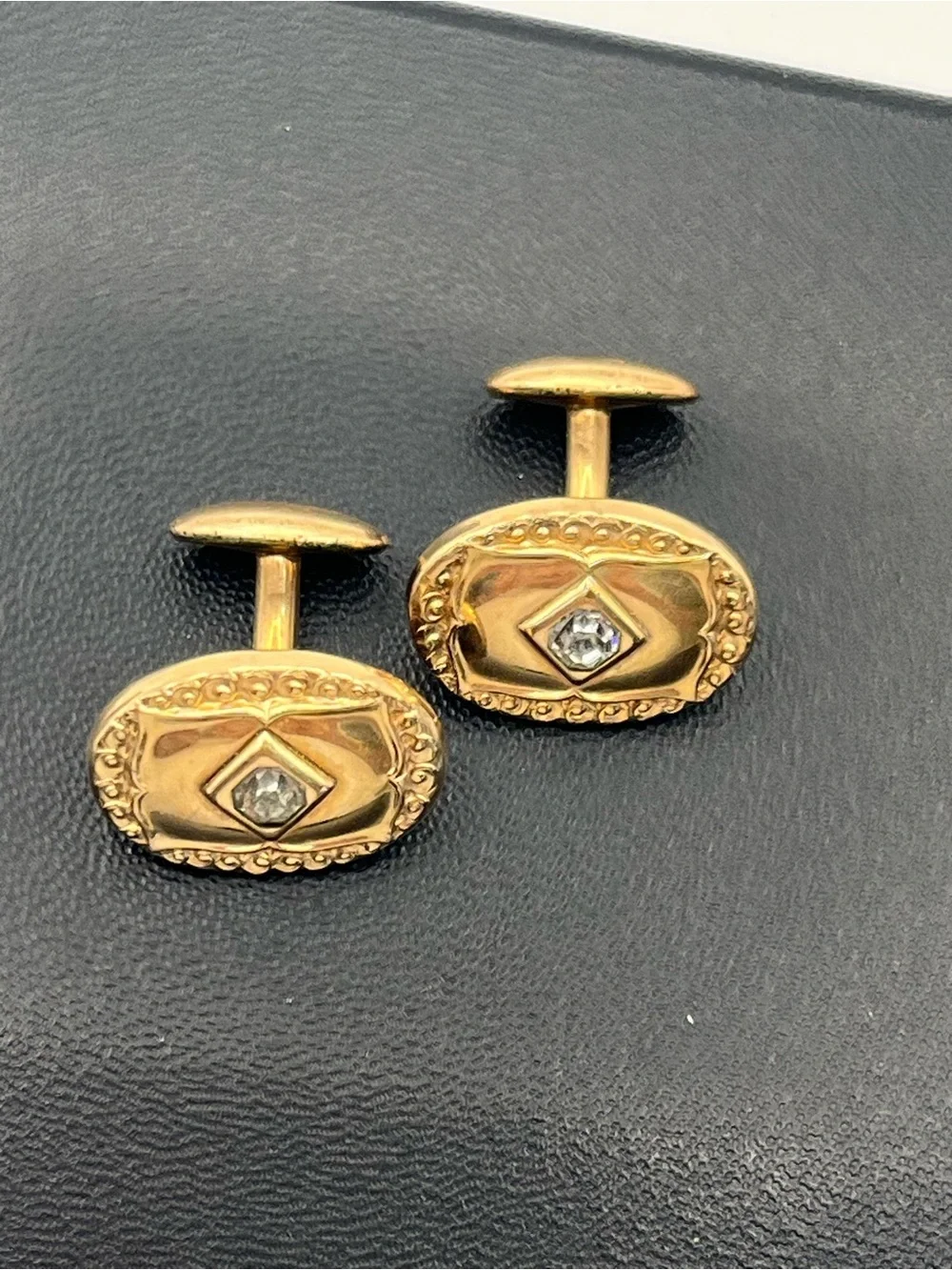 Victorian gold tone embossed design clear rhinestone vintage cufflinks